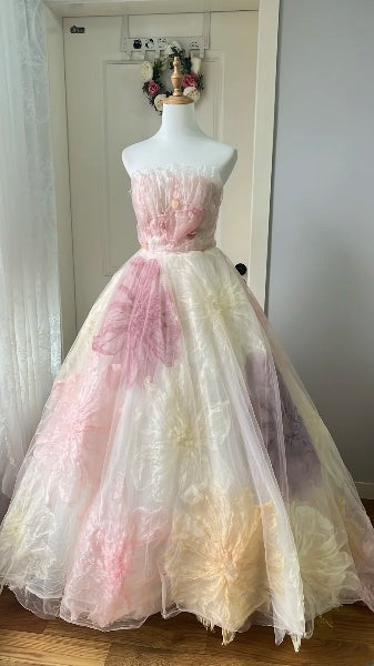 Elegant Sweet 16 Dress Long Strapless Pink With Flowers Ball Gown Sweet Sixteen Party Birthday Dresses RC0598