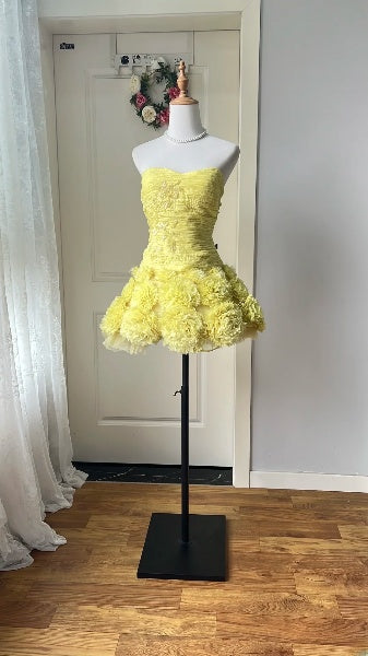 Hoco Dress Ball Gown Strapless Yellow Flowers Short Homecoming 17th Birthday Party Dress RC0599