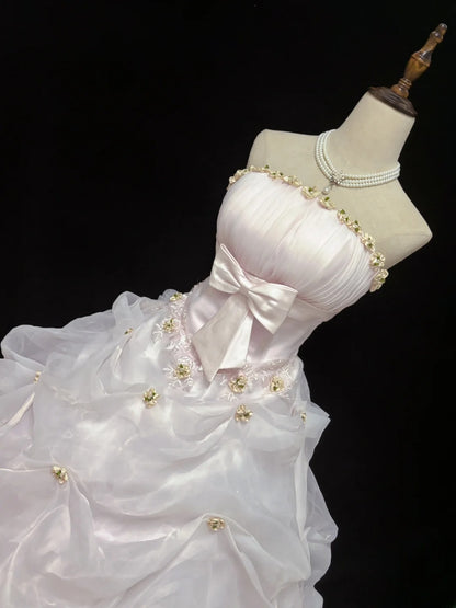 Classy Ball Gowns Strapless Pink Poofy Long With Gold Beads Quince Dress Sweet 16 inspo Quinceanera Dresses Vestidos De 15 anos RB7661