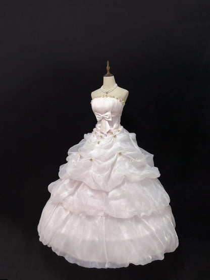 Classy Ball Gowns Strapless Pink Poofy Long With Gold Beads Quince Dress Sweet 16 inspo Quinceanera Dresses Vestidos De 15 anos RB7661