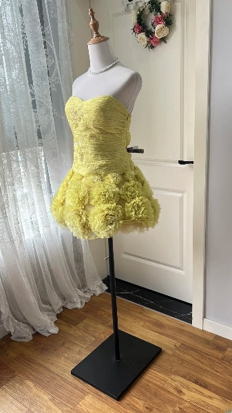 Hoco Dress Ball Gown Strapless Yellow Flowers Short Homecoming 17th Birthday Party Dress RC0599