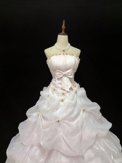 Classy Ball Gowns Strapless Pink Poofy Long With Gold Beads Quince Dress Sweet 16 inspo Quinceanera Dresses Vestidos De 15 anos RB7661