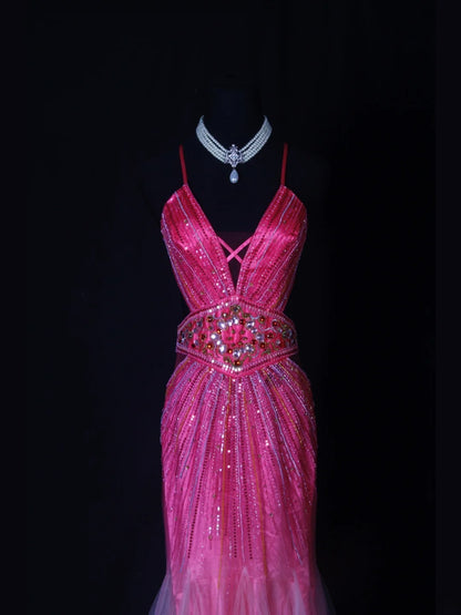 Shinning Mermaid Spaghetti Straps Hot Pink Backless Beaded Bodice Long Prom Dresses Impress 18th Birthday Outfits Prom Gown AS262