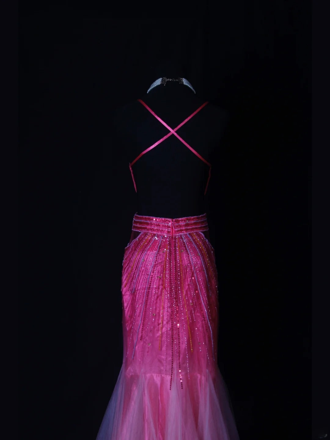 Shinning Mermaid Spaghetti Straps Hot Pink Backless Beaded Bodice Long Prom Dresses Impress 18th Birthday Outfits Prom Gown AS262