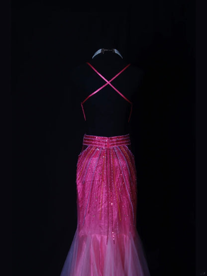 Shinning Mermaid Spaghetti Straps Hot Pink Backless Beaded Bodice Long Prom Dresses Impress 18th Birthday Outfits Prom Gown AS262