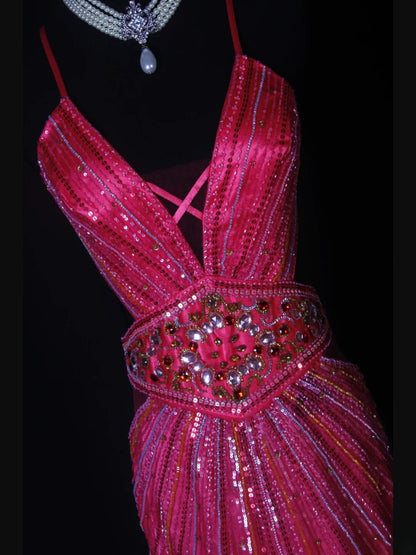 Shinning Mermaid Spaghetti Straps Hot Pink Backless Beaded Bodice Long Prom Dresses Impress 18th Birthday Outfits Prom Gown AS262