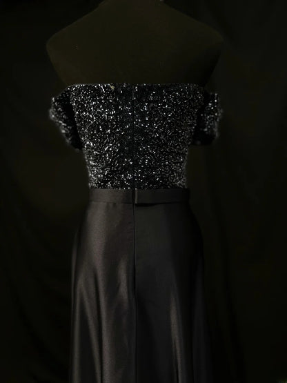 Vintage 90s Prom Dresses A line Off The Shoulder Black Satin With Cape Party Gown Formal Outfits RB6110