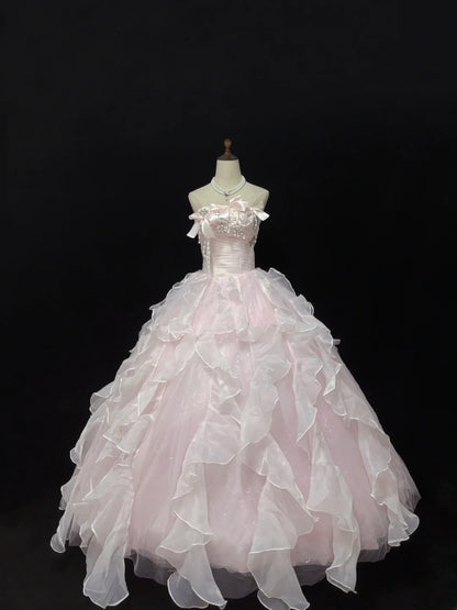 Classy Ball Gowns Strapless Light Pink Poofy Long With Tiered Layers Bow Quince Dress Sweet 16 inspo Quinceanera Dresses Vestidos De 15 anos RB7664