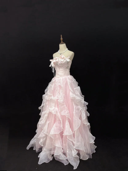 Classy Ball Gowns Strapless Light Pink Poofy Long With Tiered Layers Bow Quince Dress Sweet 16 inspo Quinceanera Dresses Vestidos De 15 anos RB7664