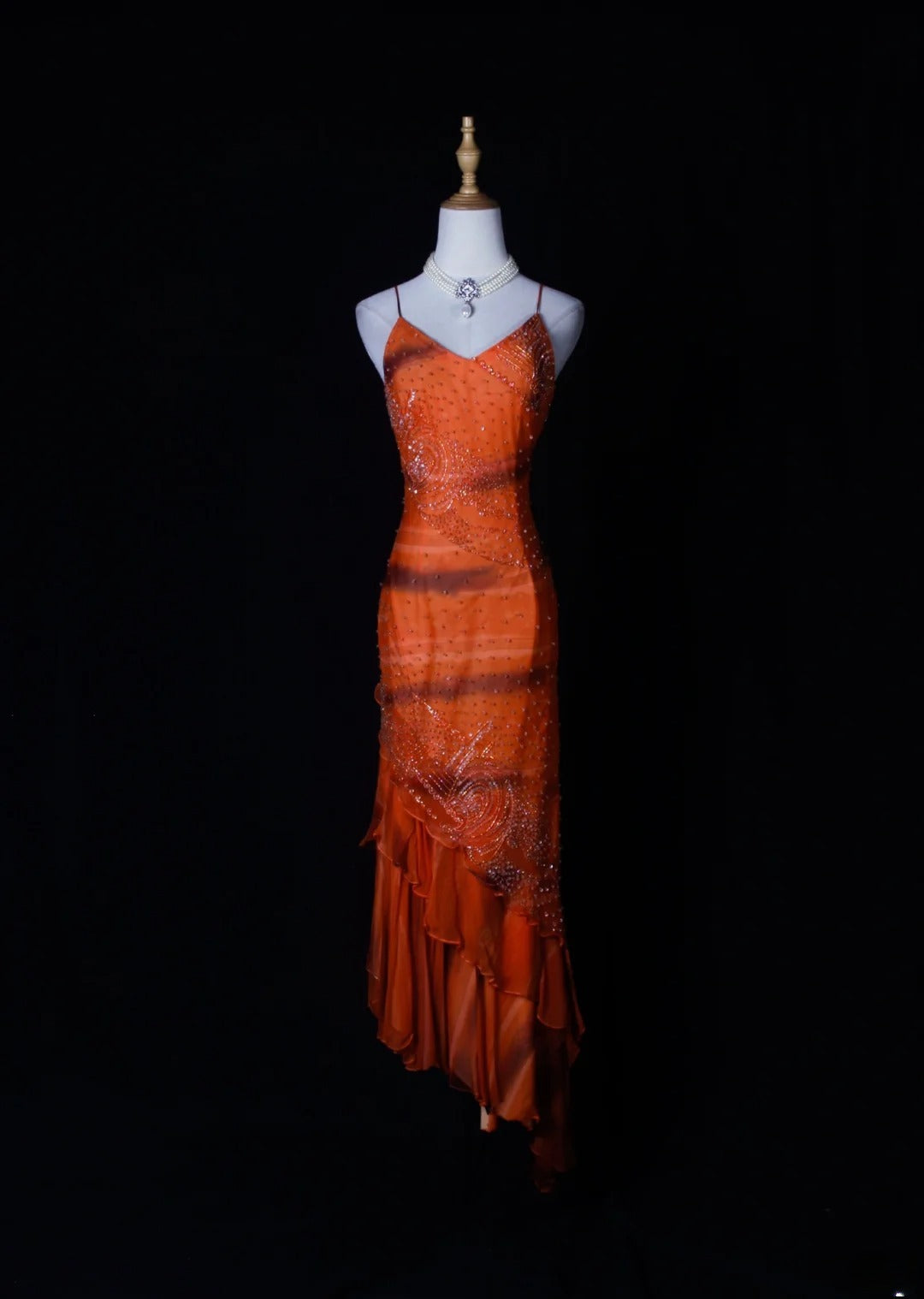 Shinning Mermaid Spaghetti Straps Orange Beaded Bodice Chiffon Prom Dresses Impress 18th Birthday Outfits Prom Gown AS264
