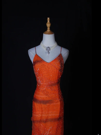 Shinning Mermaid Spaghetti Straps Orange Beaded Bodice Chiffon Prom Dresses Impress 18th Birthday Outfits Prom Gown AS264