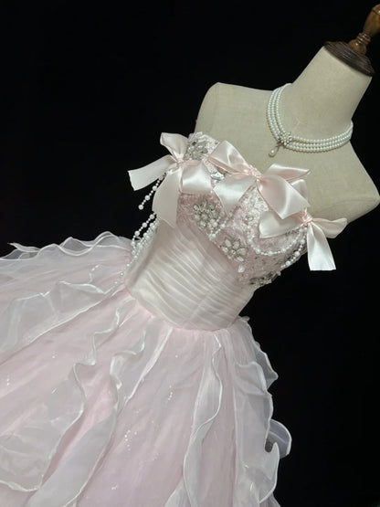 Classy Ball Gowns Strapless Light Pink Poofy Long With Tiered Layers Bow Quince Dress Sweet 16 inspo Quinceanera Dresses Vestidos De 15 anos RB7664