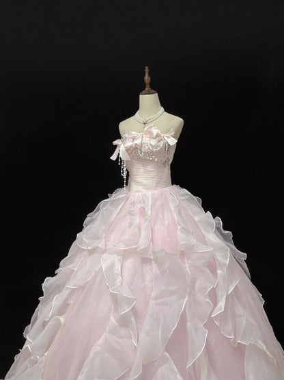 Classy Ball Gowns Strapless Light Pink Poofy Long With Tiered Layers Bow Quince Dress Sweet 16 inspo Quinceanera Dresses Vestidos De 15 anos RB7664