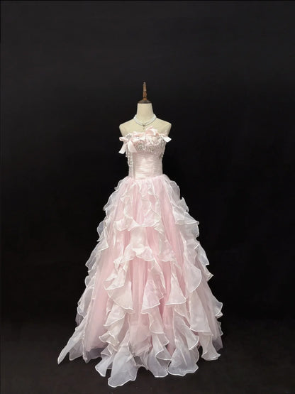 Classy Ball Gowns Strapless Light Pink Poofy Long With Tiered Layers Bow Quince Dress Sweet 16 inspo Quinceanera Dresses Vestidos De 15 anos RB7664