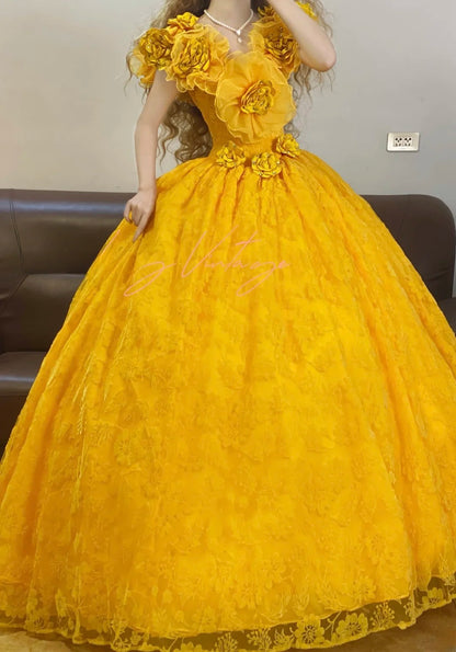 Quinceanera Dress Yellow V Neck With 3D Flowers Long Ball Gown Sweet 15 Gown RB9254