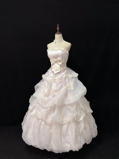 Cute Ball Gowns Strapless Light Pink Poofy Long With Flowers Bow Quince Dress Sweet 16 inspo Quinceanera Dresses Vestidos De 15 anos RB7665