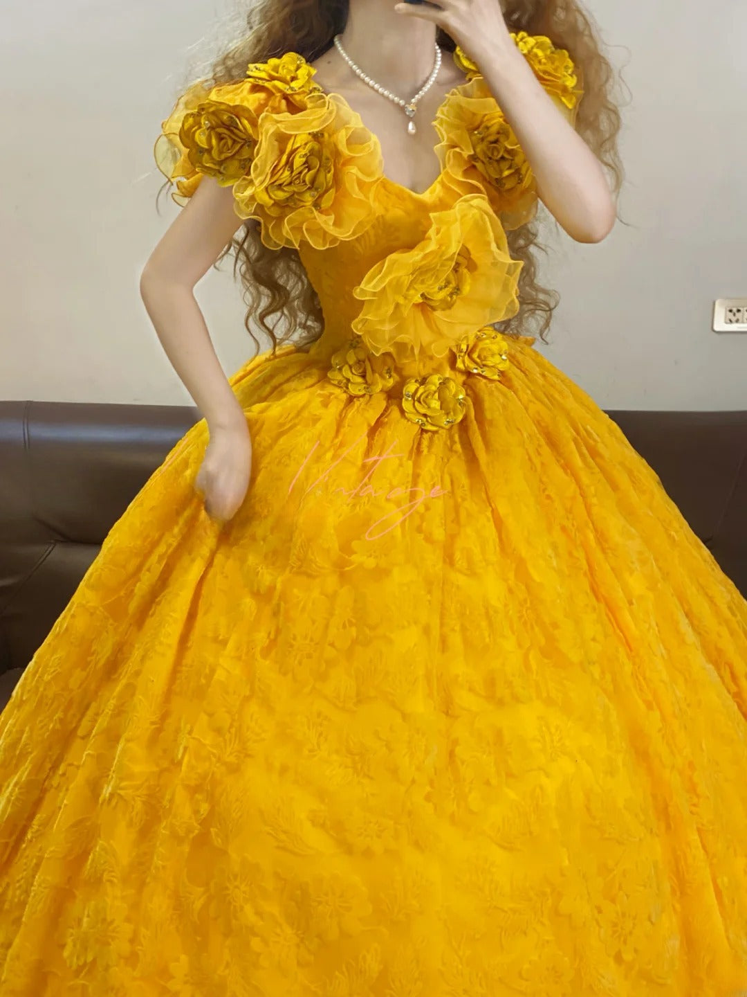 Quinceanera Dress Yellow V Neck With 3D Flowers Long Ball Gown Sweet 15 Gown RB9254