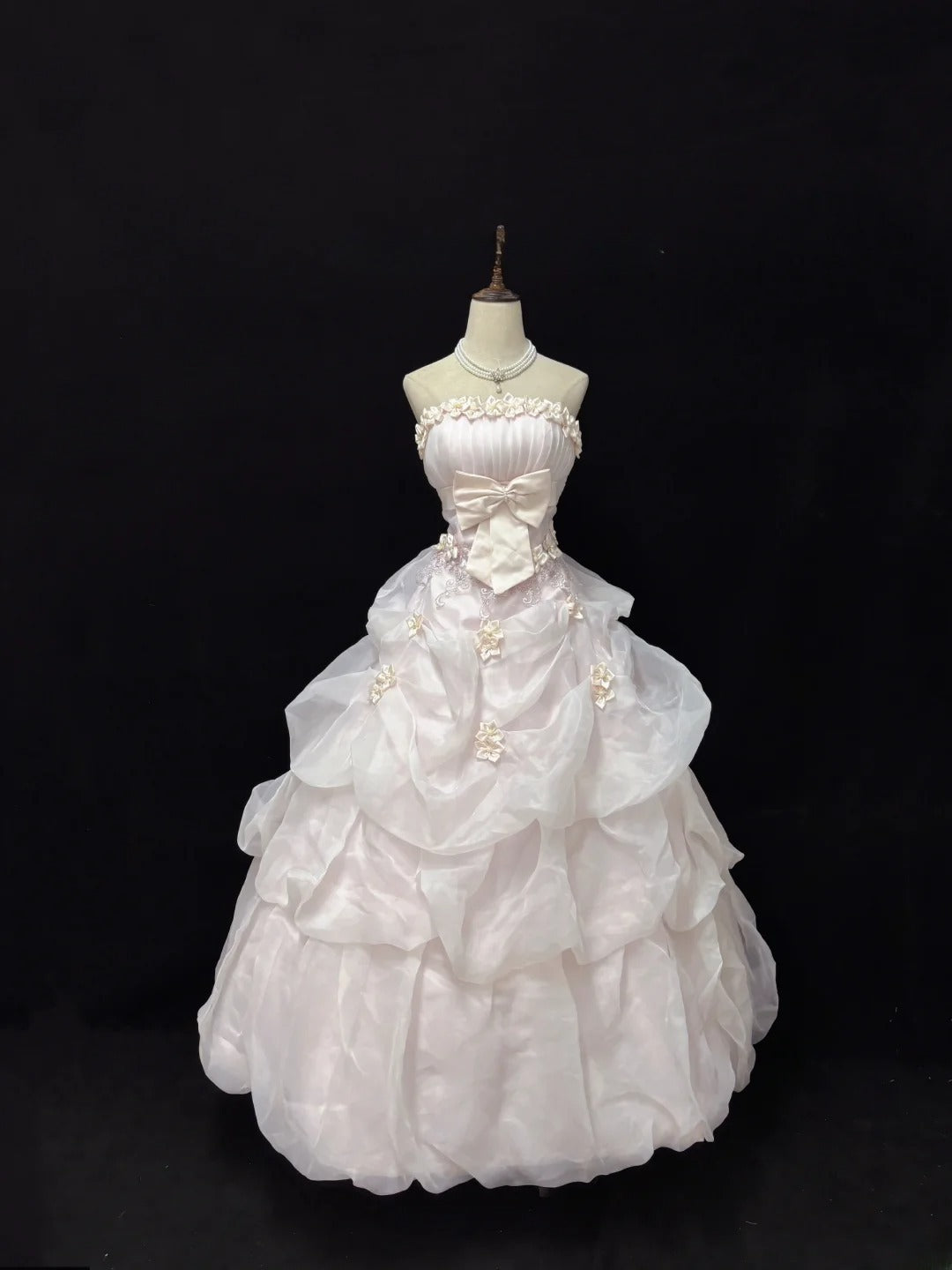 Cute Ball Gowns Strapless Light Pink Poofy Long With Flowers Bow Quince Dress Sweet 16 inspo Quinceanera Dresses Vestidos De 15 anos RB7665
