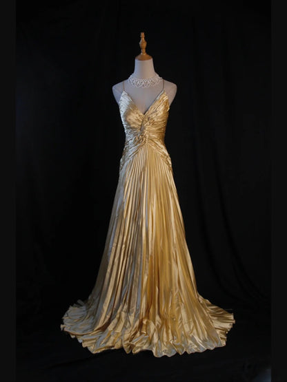 Vintage Mermaid Spaghetti Straps Gold Beaded Bodice Satin Prom Dresses Impress 18th Birthday Outfits Prom Gown AS265