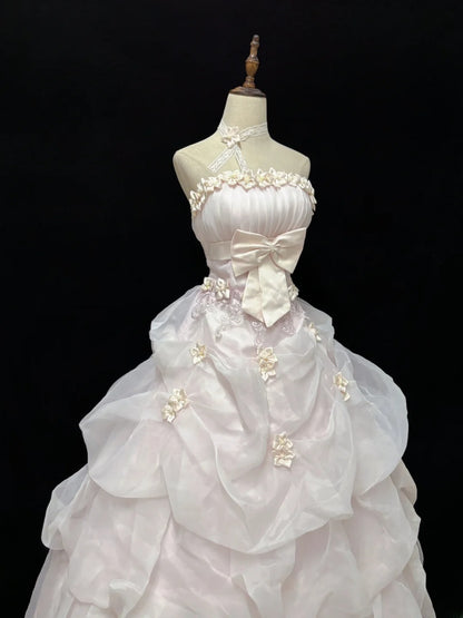 Cute Ball Gowns Strapless Light Pink Poofy Long With Flowers Bow Quince Dress Sweet 16 inspo Quinceanera Dresses Vestidos De 15 anos RB7665