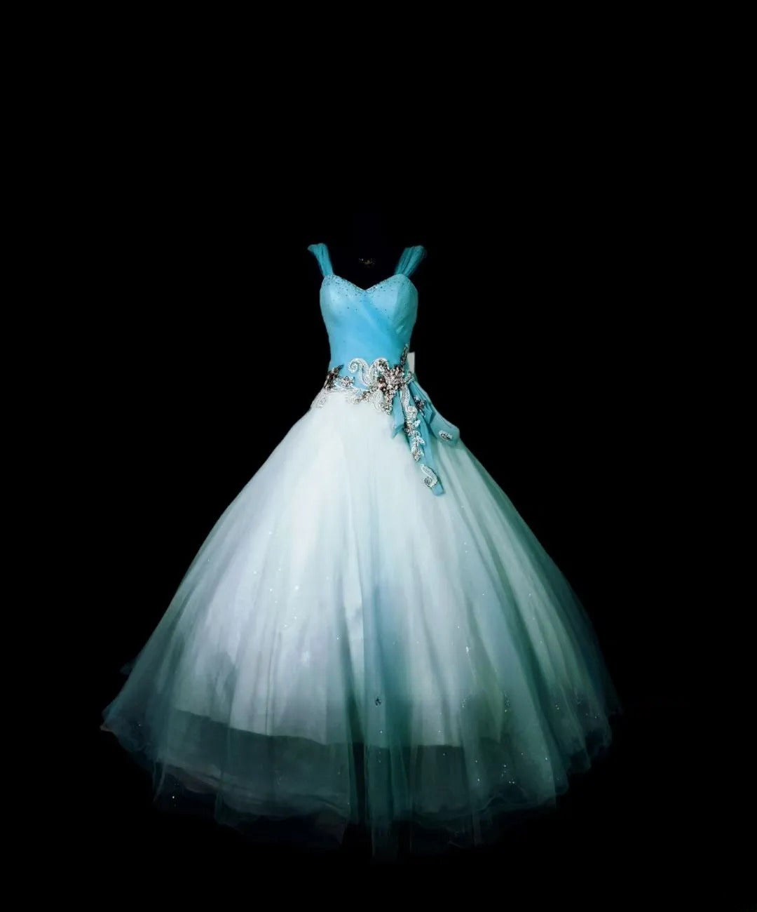 Gothic Spaghetti Straps Sweet 16 Ball Gown,Blue Appliques Tulle Long Sweet Sixteen Formal Dress RB9991