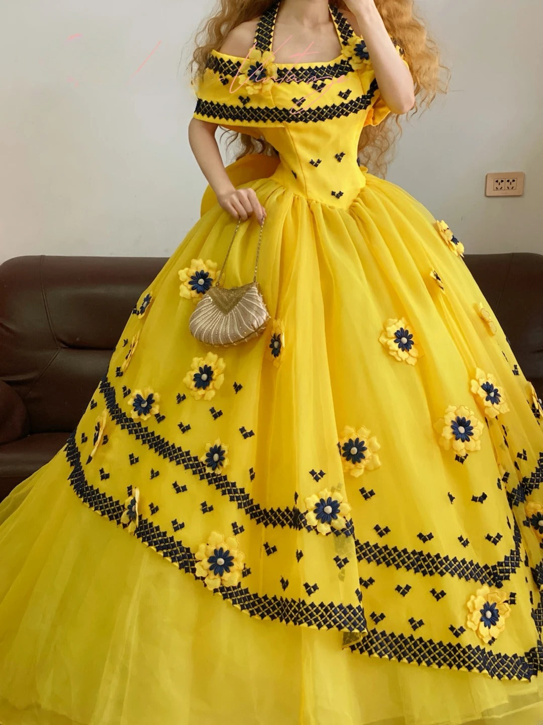 Quinceanera Dress Yellow Halter With 3D Flowers Long Ball Gown Sweet 15 Gown RB9255
