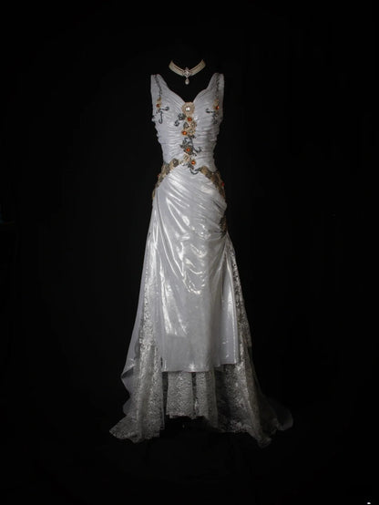 Vintage Mermaid V Neck Silver Gray Lace Beaded Bodice Organza Prom Dresses Impress 18th Birthday Outfits Prom Gown AS266