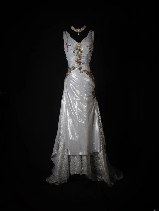 Vintage Mermaid V Neck Silver Gray Lace Beaded Bodice Organza Prom Dresses Impress 18th Birthday Outfits Prom Gown AS266