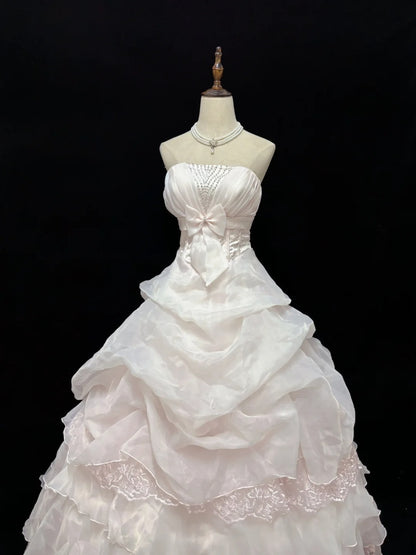 Cute Ball Gowns Strapless Light Pearl Pink Poofy Long With Lace Bow Quince Dress Sweet 16 inspo Quinceanera Dresses Vestidos De 15 anos RB7666