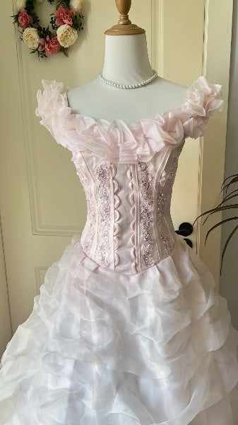 Sweet 15 Quinceanera Dress Ball Gown Square Neck Pink With Tiered Layers Long 15th Birthday Outfits RC0604