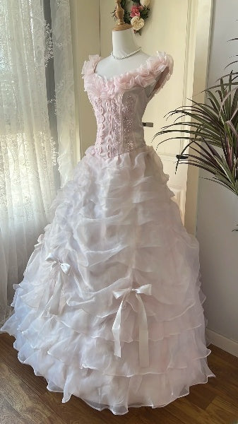 Sweet 15 Quinceanera Dress Ball Gown Square Neck Pink With Tiered Layers Long 15th Birthday Outfits RC0604
