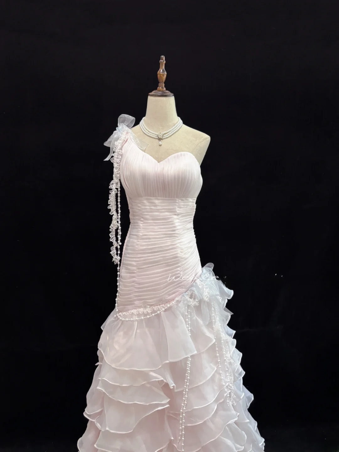 Modest Mermaid One Shoulder Light Pink With Layered Tiered Long Prom Dress Formal Outfits Evening Night Dresses RB7667