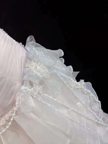 Modest Mermaid One Shoulder Light Pink With Layered Tiered Long Prom Dress Formal Outfits Evening Night Dresses RB7667