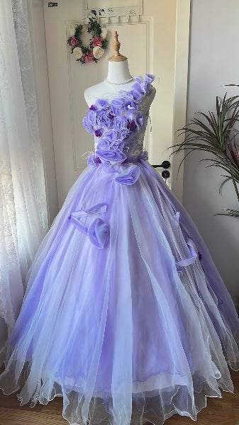 Cute Sweet 16 Dress Long One Shoulder Lilac With Flowers Ball Gown Sweet Sixteen Party Birthday Dresses RC0605