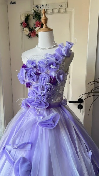 Cute Sweet 16 Dress Long One Shoulder Lilac With Flowers Ball Gown Sweet Sixteen Party Birthday Dresses RC0605