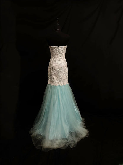 Beautiful Prom Dresses Mermaid Strapless Blue Tulle With Lace Long Night Evening Formal Outfits RB6114
