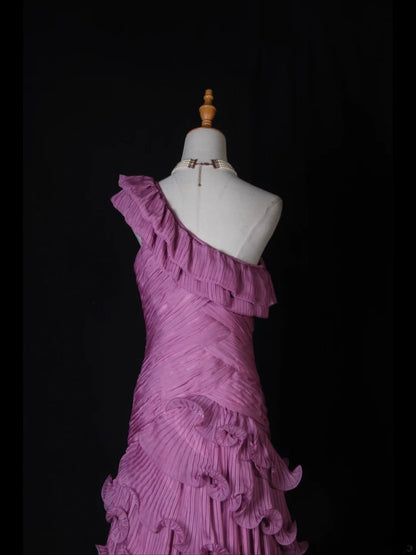 Vintage Mermaid One Shoulder Pink Tiered Layers Bodice Long Prom Dresses Impress 18th Birthday Outfits Prom Gown AS268