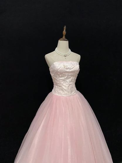 Cute Ball Gowns Strapless Tulle Pink Poofy Long With Beading Quince Dress Sweet 16 inspo Quinceanera Dresses Vestidos De 15 anos RB7669