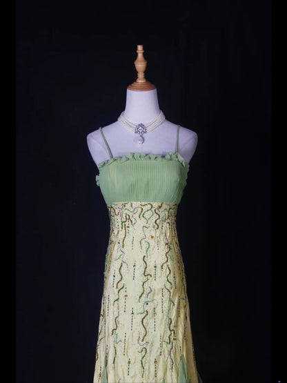 Vintage A Line Spaghetti Straps Chiffon Beaded Tiered Bodice Long Prom Dresses Impress 18th Birthday Outfits Prom Gown AS270