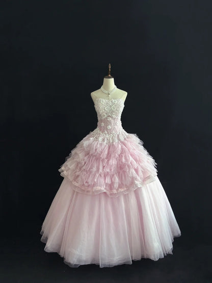 Charming Ball Gowns Strapless Pink Tulle Poofy Long With Lace Quince Dress Sweet 16 inspo Quinceanera Dresses Vestidos De 15 anos RB7671
