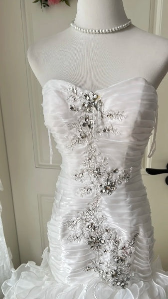 Timeless Wedding Dress Mermaid Sweetheart White Tulle With Tiered Beaded Long Bridal Gown RC0608