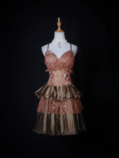 Retro Ball Gown Spaghetti Straps Pink Brown Short 16th Birthday Dress Homecoming Dresses Cocktail Gown AS271