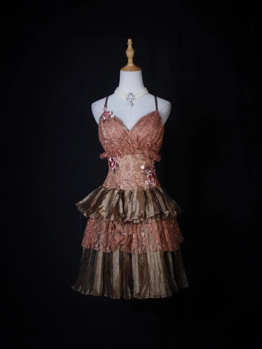 Retro Ball Gown Spaghetti Straps Pink Brown Short 16th Birthday Dress Homecoming Dresses Cocktail Gown AS271