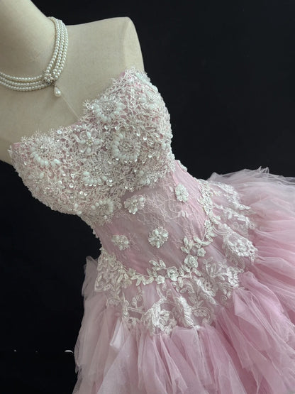 Charming Ball Gowns Strapless Pink Tulle Poofy Long With Lace Quince Dress Sweet 16 inspo Quinceanera Dresses Vestidos De 15 anos RB7671