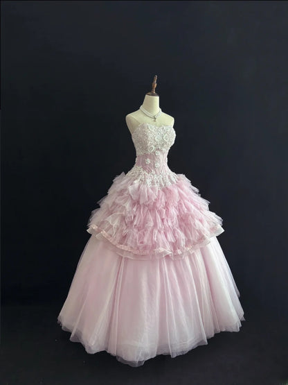 Charming Ball Gowns Strapless Pink Tulle Poofy Long With Lace Quince Dress Sweet 16 inspo Quinceanera Dresses Vestidos De 15 anos RB7671