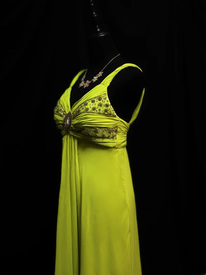Vintage 90s Prom Dresses A line V Neckline Green Chiffon With Beading Party Gown Formal Outfits RB6116