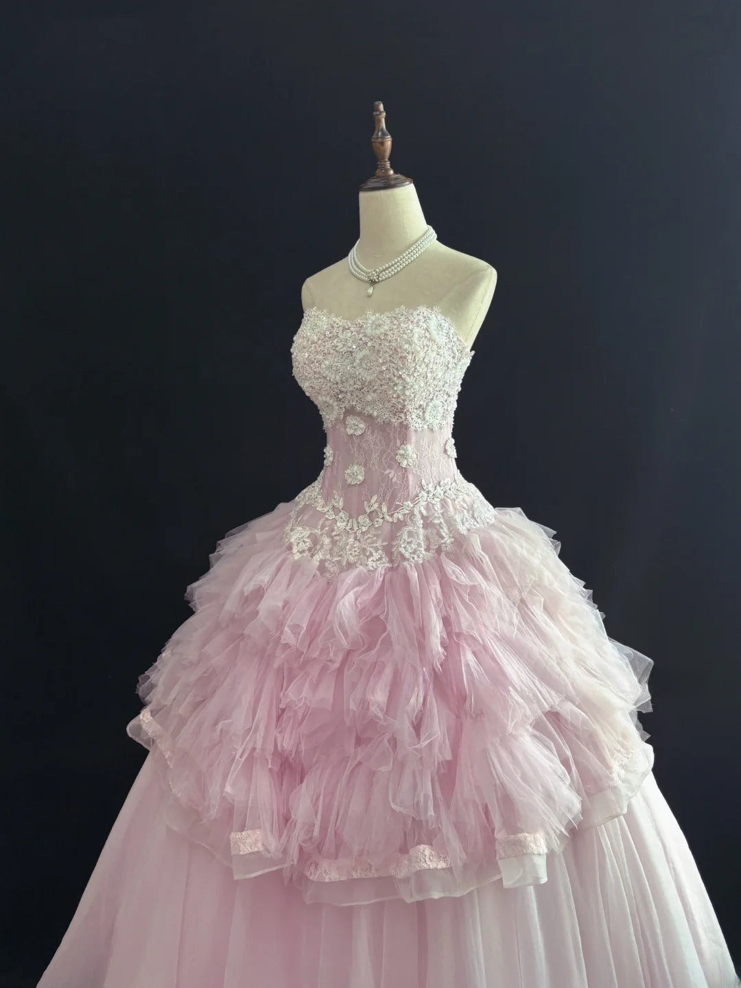 Charming Ball Gowns Strapless Pink Tulle Poofy Long With Lace Quince Dress Sweet 16 inspo Quinceanera Dresses Vestidos De 15 anos RB7671