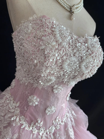 Charming Ball Gowns Strapless Pink Tulle Poofy Long With Lace Quince Dress Sweet 16 inspo Quinceanera Dresses Vestidos De 15 anos RB7671