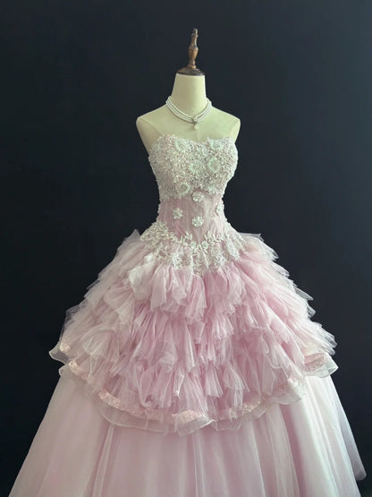 Charming Ball Gowns Strapless Pink Tulle Poofy Long With Lace Quince Dress Sweet 16 inspo Quinceanera Dresses Vestidos De 15 anos RB7671