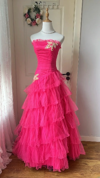 Modest Prom Dresses Aesthetic 90s Retro Mermaid Strapless Layers Tulle Hot Pink Evening Outfits RC0610